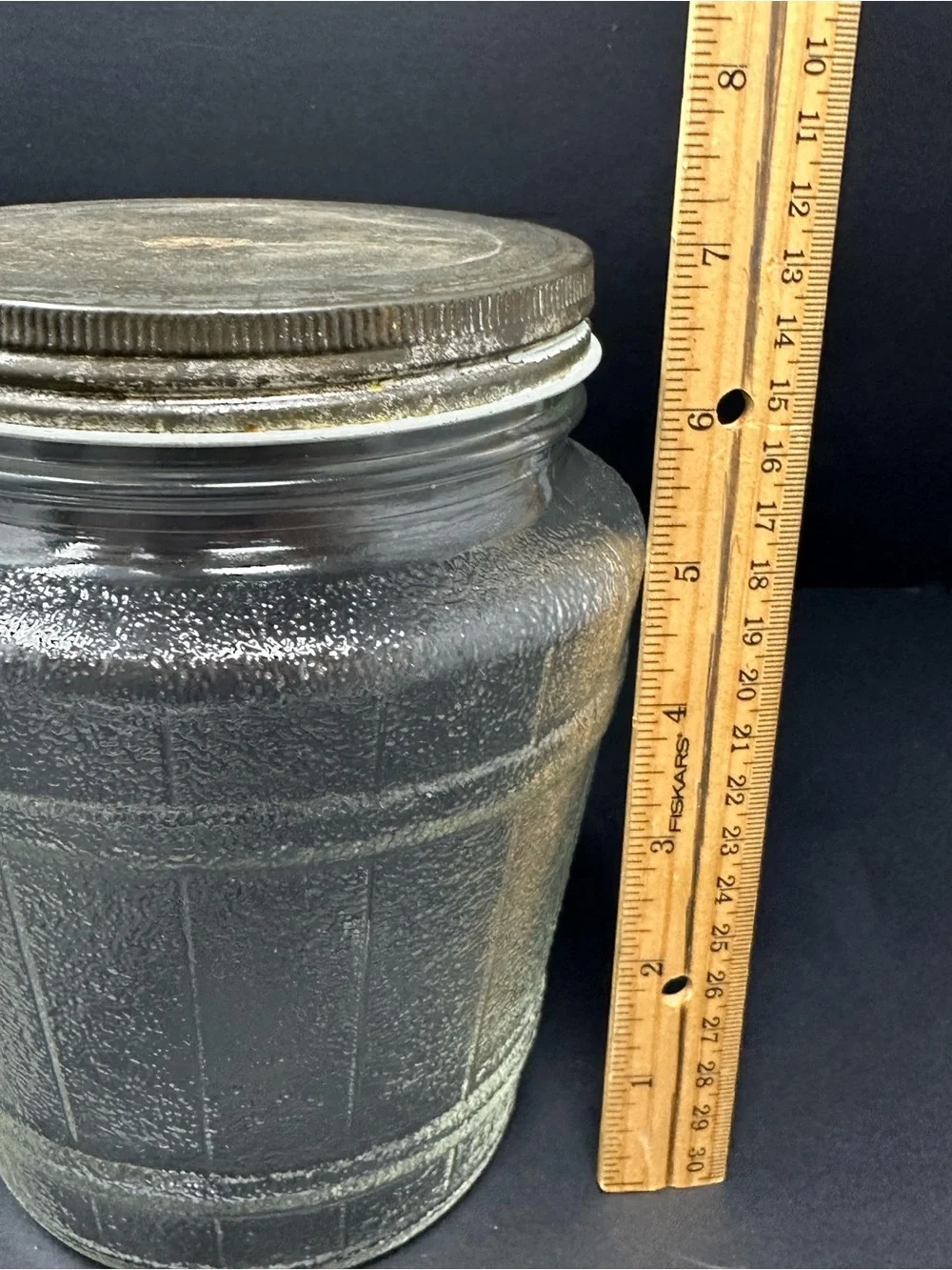 Vintage Ball Jar Textured Clear Glass Barrel with‎ Tin Lid Embossed 2863 A1